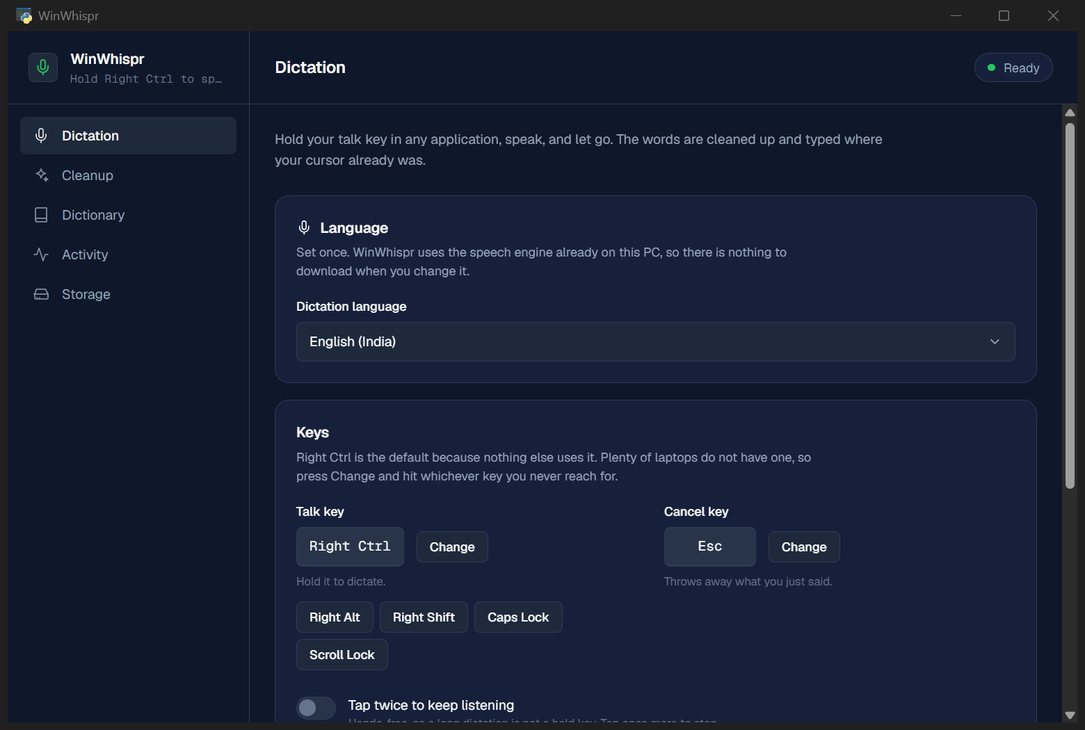 The WinWhispr settings window, showing the dictation language and the talk key.